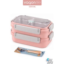 Vagonlife 1200 ml Iki Kat Üç Bölme Paslanmaz Çelik Bento Lunch Box Yeni Nesil Sefer Tası Çelik Kaşıklı -22FF15