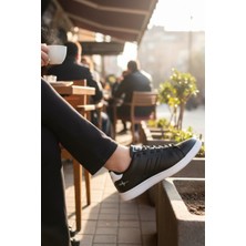 Enoch Erkek Siyah Deri Beyaz Tabanlı Büyük Numara Günlük Spor Ayakkabı (45-50)