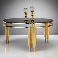 Çelsan Yuvarlak Sütun Model Metal Ayaklı Orta Sehpa – Gold Renk – Siyah Cam Üst Tabla – 80 cm Çap – Yerli Üretim