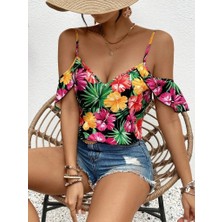 Veralya Kadın Askılı Omuzlardan Açık Çiçek Baskılı Bluz