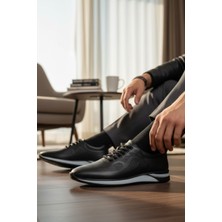 Enoch Erkek Siyah Deri Beyaz Tabanlı Büyük Numara Spor Ayakkabı (45-50)