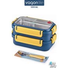 Vagonlife 1200 ml Iki Kat Üç Bölme Paslanmaz Çelik Bento Lunch Box Yeni Nesil Sefer Tası Çelik Kaşıklı -22FF15
