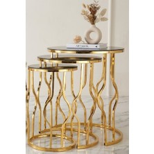 Çelsan Yumurta Model 3’lü Zigon Sehpa Seti – Gold Kıvrımlı Metal Ayaklı – Siyah Cam Yan Sehpa – Yerli Üretim