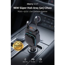 4Berry SC07 96W Araç Şarj Cihazı – PD3.0 & QC3.0 Hızlı Şarj, Çift Toplanabilir Kablo, LED Ekran