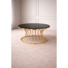 Çelsan Şelale Model Lüks Orta Sehpa – Gold Kavisli Metal Ayaklı Siyah Cam | 80 cm Çap | Yerli Üretim