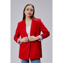 Bolivente Kırmızı Kruvaze Yaka Kolu Katlama Detaylı Regular Vatkalı Blazer Ceket