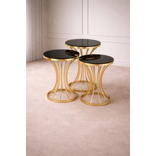 Çelsan Şelale Model 3’lü Zigon Sehpa Seti – Gold Kavisli Metal Ayaklı Siyah Cam | Yerli Üretim