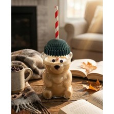 Senson Ayıcık Figürlü Cam Soğuk Içecek Bardağı 500 ml | Kapaklı Pipetli Bearista Teddy Bear Cam Bardak, Soğuk Kahve ve