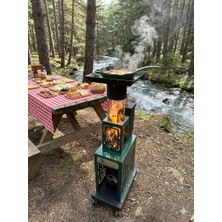 Bey Şömine Pelet Soba Roket Pelet Sobası Kasalı Muhafazalı Tekerlekli Pelet Soba Yeşil