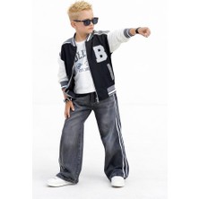 Rapapa Erkek Çocuk 3 Parça  Kolej Ceketli Şeritli Kot Pantolon Takım – Günlük & Spor Kombin 25174S