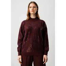 On Fashion Kadın Sıfır Yaka Önü Taşlı Bordo Triko Kazak 60323