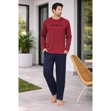 Rapapa Erkek Bordo Üst Lacivert Alt Pamuklu Pijama Takımı – Yazı Detaylı Şık Ev GIYIMI-6150-24