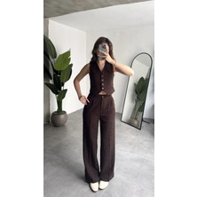 Asfa Moda Kadın Kahverengi Pırıltı Taşlı Düğmeli Kolsuz Yelek Pileli Palazzo Pantolon Takım