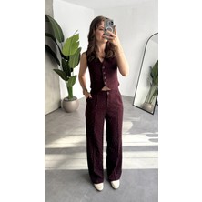 Asfa Moda Kadın Bordo Pırıltı Taşlı Düğmeli Kolsuz Yelek Pileli Palazzo Pantolon Takım