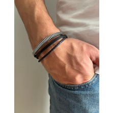 Fynbos Premium Hakiki Deri Üçlü Fermuar Detaylı Erkek Bileklik - Özel Tasarım Şık Bileklik