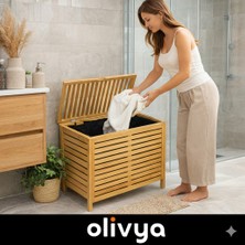 Olivya Bambu Kirli Sepeti 60 Litre - Kapaklı, Yıkanabilir Iç Hazneli, Modern Tasarım, Doğal Bambu Çamaşır Sepeti