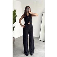 Asfa Moda Kadın Siyah Pırıltı Taşlı Düğmeli Kolsuz Yelek Pileli Palazzo Pantolon Takım