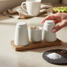 Kütahya Home Ahşap Standlı Tuzluk Biberlik Kürdanlık Seti Porselen 3'lü