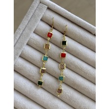 İrem Yıldız Şık Kare Renkli Taşlı Sallantılı Çelik Küpe