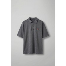 Abluka Online Erkek Oversize Yıkamalı Gül Nakışlı Polo Yaka T-Shirt Füme