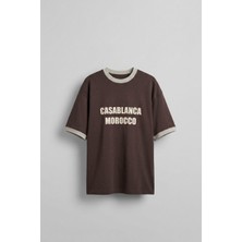 Abluka Online Erkek Oversize Şehir Serisi Kontrast Yaka T-Shirt Kahverengi / Gri