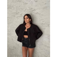 Thiff Önü Fermuarlı Süet Kısa Kadın Ceket Mont