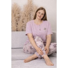 Wega Moda Büyük Beden Kadın Pudra Çiçek Desenli %100 Pamuk Kısa Kollu Pijama Takımı