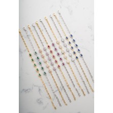 Two Arts Kadın Gümüş Bileklik Pembe Zirkon Doğum Taşlı Damla Kesim Sıralı