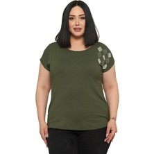 Disentis Modest Büyük Beden Düşük Kısa Kollu Omuzda Baklava Desenli Haki Bluz