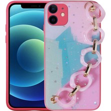 Büşra Ayhan iPhone 12 Kılıf Simli Desenli El Askılı Tutacaklı Bsay Elsa Silikon Kapak-Pembe Koyu