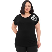 Disentis Modest Büyük Beden Düşük Kısa Kollu Omuzda Kalp Desenli Siyah Bluz