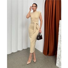 Thiff Gymwear Bej Kadın Omuz Vatkalı Kuşaklı Bağlamalı Elbise