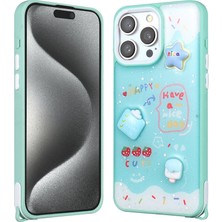 Büşra Ayhan Apple iPhone 15 Pro Max Kılıf Parlayan Sıvılı Simli Kabartma Figürlü Bsay Cevze Kapak-Yeşil