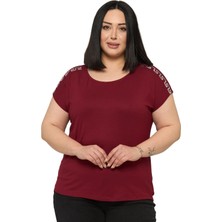 Disentis Modest Büyük Beden Düşük Kısa Kollu Omuzda Şerit Desenli Bordo Bluz