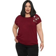 Disentis Modest Büyük Beden Düşük Kısa Kollu Omuzda Baklava Desenli Bordo Bluz