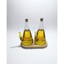 Öz-Home Bambu Stantlı 2'li Borosilikat Cam Yağdanlık / Sosluk / Sirkelik Mantar Kapaklı 500 ml