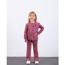 Aden Kız Çocuk Tül Gül Aplikeli Triko Hırka Ikili Takım