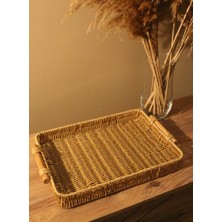 Paganca Hasır Rattan Sunum Tepsi Bambu Kulplu Orta Boy Dikdörtgen