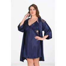 Letsii Büyük 2'li Saten Sabahlık Takımı Lacivert Renk