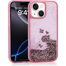 Büşra Ayhan iPhone 15 Uyumlu Kılıf Sıvılı Simli Şeffaf Arka Yüzey Bsay Keto Silikon Kapak-Pembe