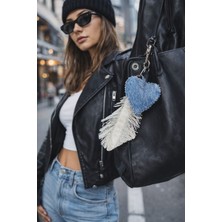 El Işçiliği Kalp Yaprak Detaylı Denim Çanta Charm
