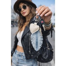 El Işçiliği Kalp Yaprak Detaylı Denim Çanta Charm