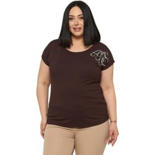 Disentis Modest Büyük Beden Düşük Kısa Kollu Omuzda Damla Desenli Kahverengi Bluz