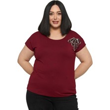 Disentis Modest Büyük Beden Düşük Kısa Kollu Omuzda Damla Desenli Bordo Bluz