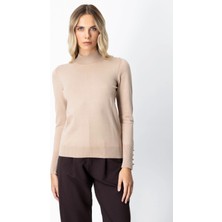 On Fashion Kadın Dik Yaka Basic Bej Kazak 63514
