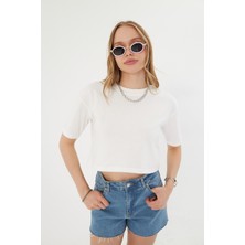 Thiff Gymwear Kadın Beyaz Baskısız Yuvarlak Yaka Crop Tişört T-Shirt