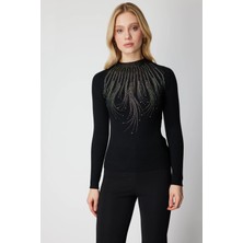 On Fashion Kadın Yarım Balıkçı Transparan Detaylı Siyah Kazak 60389