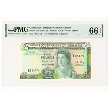 Urlanumis Gıbraltar Cebelitarik 5 Pounds 1988 PICK#21B Pmg 66 Epq Sertifikali Çil Banknot