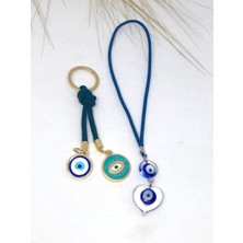 Özgürce Kalp Şekilli Cam Araba Süsü ve Petrol Yeşili Ipli Anahtarlık Seti