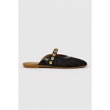 Annie Siyah Troklu Kemer Detay Yuvarlak Burun Kadın Terlik